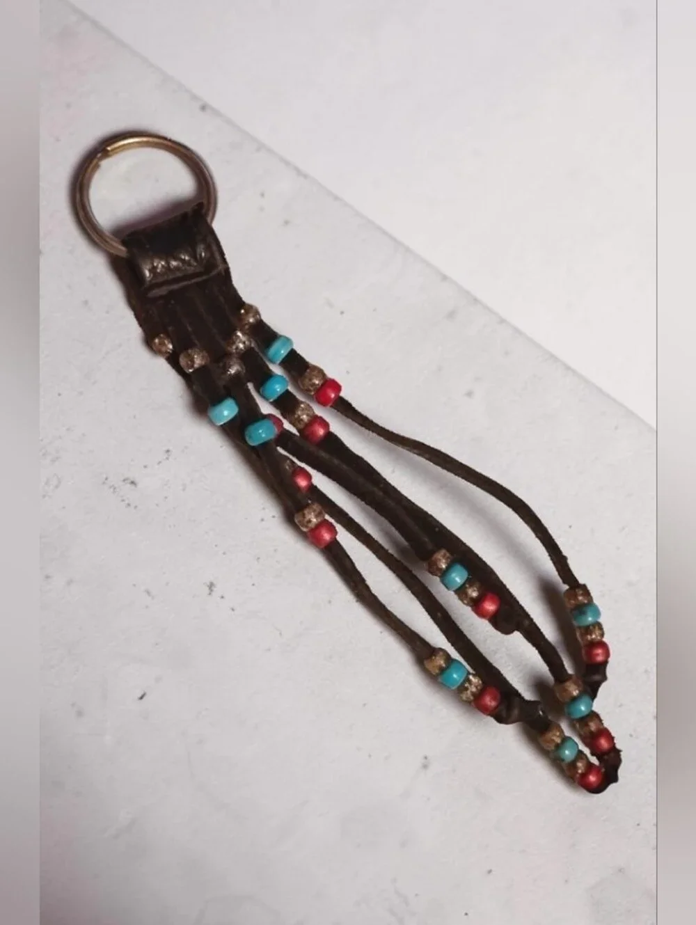Vintage Boho Beaded Leather Fringe Keychain / Bag Charm (EUC)